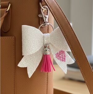 White Glitter with Pink Heart Bow Bag Charm Key Chain